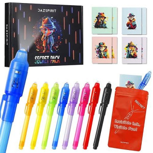 Dazspirit 8Pcs Invisible Ink Pen Set With Uv Light, Mini Notepads & Gift Bags, Spy Pens For Kids, Top Secret Message Magic Markers, Fun Party Favors, Disappearing Ink, Dinosaur Themes