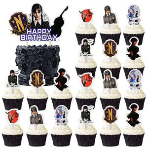 25pcs Wednesday New Addams Birthday cake Toppers,Wednesday New Addams Birthday Party Decorations Supplies
