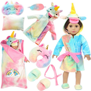 Xfeyue American 18 Inch Doll Clothes And Doll Sleeping Bag Set - Rainbow Unicorn Doll Costume With Unicorn Style Sleeping Bag, Pillow, Eye Mask Slumber Party Accessories Fits 18 Inch Doll
