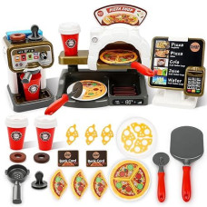 Deao Pretend Play Store Coffee Playset Kids Coffee Maker Play Set Pizzas Shop With Cash Register 30Pcs Stem Toy For Kids Great Pre-School Gift For Toddlers Boys & Girls Age 3+