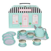 Hearthsong 15-Piece Weekend In Paris Pretend-Play Tin Tea Set, Includes Teapot, 4 Plates, 4 Cups, 4 Saucers, Serving Tray And Carrying Case, Ages 3 And Up