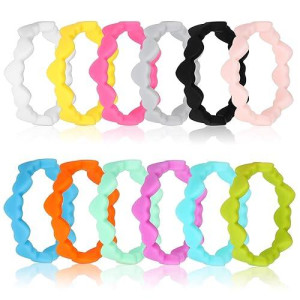 Longbeauty 10 Pack Candy Color Wedding Band For Men Women Flexible Comfort Sport Silicone Ring Black Red Blue Yellow Pink White Green Purple (Heart: 12Pack, 5)