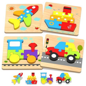 Wooden Vehicle Toddler Puzzles For 1 2 3 Years Old Boys Girls, Baby Stem Educational Toy Gift With 4 Vehicles Montessori Learning Puzzles