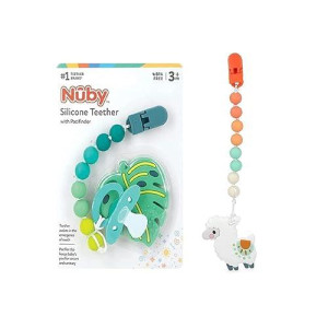 Nuby All Silicone Teether With Bonus Silicone Pacifinder With Clip - 3+ Months, 1Pk (Monstera Leaf/Llama)