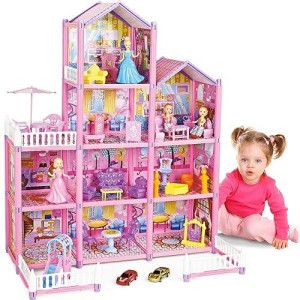 Deao Princess Dream Doll House,4-Story 9 Rooms Kids Play Dollhouse Playset With 2 Dolls Furniture & Accessories,Princess Castle Dollhouse Toy For 3 4 5 6 7 8+ Kids Girls Gifts