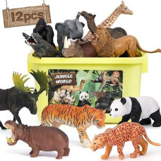 Fruse Safari Animals Figures Toys,12Pcs Wild Zoo Animals Figurines,Realistic African Jungle Animals Playset With Panda,Lion,Elephant,Educational Learning Toys Gifts For Toddlers Kids 3-5