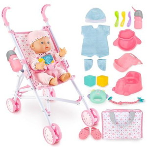 Deao Baby Doll Stroller Set With 13 Inch Doll,Kids Play Stroller Toys,13" Baby Doll Set With Foldable Doll Stroller,18 Pcs Baby Doll Accessories With 2 Sets Doll Clothes