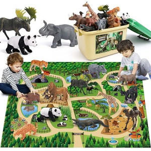 Fruse Safari Animals Figures Toys W/ 57�X38.5�Jumbo Play Mat,12Pcs Realistic Jungle Wild Zoo Animals Figurines Playset With Panda,Lion,Elephant,Educational Learning Toys Gifts For Toddlers Kids