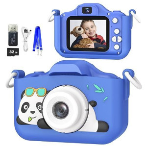 Mgaolo Children'S Camera Toys For 3-12 Years Old Kids Boys Girls,Hd Digital Video Camera With Protective Silicone Cover,Christmas Birthday Gifts With 32Gb Sd Card (Panda Blue)