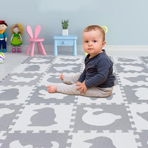 Yostrong� 18 Tiles Interlocking Animal Puzzle Foam Baby Play Mat For Playing - Rubber Eva Babies Crawling Mats For Floor. White, Light Gray. Yop-51(Al0) B18N