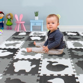 Yostrong� 18 Tiles Interlocking Animal Puzzle Foam Baby Play Mat For Playing - Rubber Eva Babies Crawling Mats For Floor. White, Black, Gray. Yop-51(Adl0) B18N