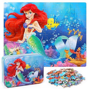 Lelemon Mermaid Puzzles For Kids Ages 4-8,Princess 100 Piece Puzzles For Kids,Educational Kids Puzzles Jigsaw Puzzles In A Metal Box,Children 100 Piece Puzzle Games Puzzle Toys For Girls And Boys