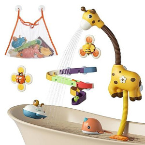 Tumama Baby Bath Toy,Bathtub Toys With Giraffe Shower Head,Suction Spinner Toys,Wind-Up Toys,Splicing Slides,Spray Squirt Shower Faucet And Water Pump Summer Essentials For Kids Toddlers Infants