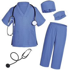 Doctor Costume For Kids Scrubs Pants With Accessories Set Toddler Children Cosplay 4T-5T Lake Blue