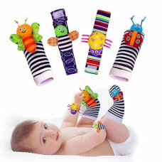 Padonise 4 Pieces Baby Wrist Rattle Animal Rattle Foot Finder Socks Cartoon Baby Socks Baby Development Toys Early Learning Toys Infant Newborn Gift Boy Girl Bebe 0-3-6-12-24 Months