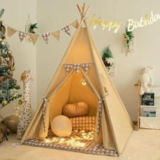 Treebud Teepee Tent With Padded Mat Bunting Banner Fairy Lights - Print Gingham Kids Play Tent With Carry Bay For Indoor And Outdoor, Play House Toys For Toddler, Boys And Girls