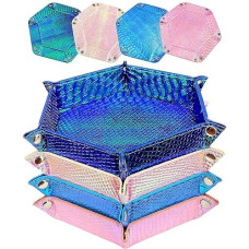 Siquk 4 Pieces Dice Tray Hexagon Dice Rolling Holder Folding Pu Leather Dice Trays For Dice Games Like Rpg, Dnd And Other Table Games(Sky Blue, Pink, Deep Blue, Light Pink)
