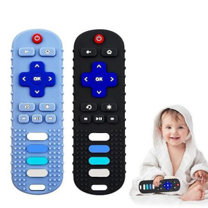 Baby Teether Toy, Tv Remote Control Shape Teething Baby Toys For Infants, Baby Chew Remote Teether Toys For Babies 3-24 Months,Bpa Free(Black&Blue)