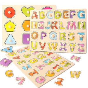 Kerarme Wooden Montessori Toddler Puzzles, Wooden Peg Abc Alphabet Number Shape Puzzles Toddler Learning Puzzle Toys For Kids 1-3 Years Old Boys & Girls, Montessori Early Education Puzzle For Toddlers