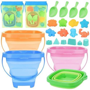Racpnel Collapsible Beach Buckets & Beach Toys For Kids, Foldable Sand Bucket And Shovels Set With Mesh Bag & Sand Molds, Silicone Beach Sand Pails For Beach Travel, Sand Toys For Kids And Toddlers