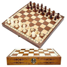 Syrace Magnetic Chess & Checkers Set Board Games, Kids And Adults Wooden Foldable Hand Carved Portable Travel Chess Board Game Sets With Game Pieces & Storage Slots 15.74"