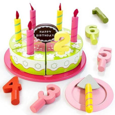 Bravmate Wooden Cutting Birthday Cake For Kids, Diy Pretend Play Food Set For Toddlers 1-6 Years Old, Learning Educational Montessori Party Toys For Boys Girls Gifts