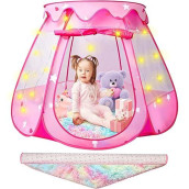 Princess Castle Girls Play Tent With Rainbow Rug Starlights Pop Up Play Tent For Toddlers Kids Dishio Playhouse Toys For 1,2,3 Years Birthday Gift Fairy Girls Tent With Mat Indoor&Outdoor Kids Play