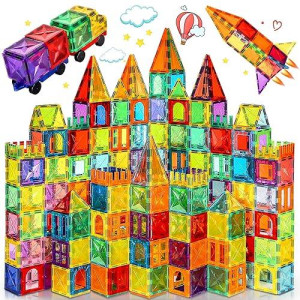 Meuzhen 120Pcs Magnetic Tiles With 2 Cars Toy Set, Magnet Diamond Tiles 3D Building Blocks For Toddler 3 4 5 6 Years, Stem Preschool Kids Sensory Educational Toys For Boys Girls