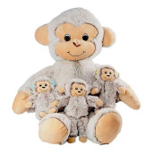 Dreamsbe Monkey Stuffed Animal With 3 Baby Monkeys For Boys & Girls - Plush Monkey Stuffie With Zippered Pocket For Babies - Monkey Gift For Kids Ages 3 4 5 6 7 8 9 Years