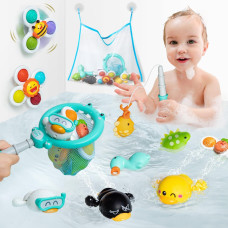 Sephix Baby Girl Toys Gifts For 1 2 3 Year Old Boy, Bathtub Bath Toys Set For Toddlers 1-3, Suction Spinner Toys For Babies 12 18 + Months, Toddler Fish Swimming Pool Toys With Storage, 12 Pcs