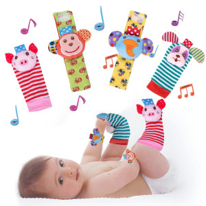 Padonise 4Pcs Soft Baby Wrist Rattle Foot Finder Socks Set Cartoon Socks For Babies Animal Plush Stuffed Infant Toys Baby Shower Birth Gift For Newborn Boy Girl 0-3 Years Old