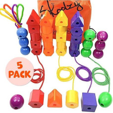 Skoolzy Jumbo Lacing Beads 40 Piece Set - 5 Pack - Autism Fine Motor Skills Montessori Toys - 36 String Beads, 4 Strings, Travel Bag, Preschool Activities Ebook Set
