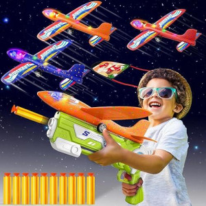Doloowee 3 In 1 Airplane Launcher Toys, 12.6 Inch Led Foam Glider Airplane Catapult, 2 Flight Modes, Outdoor Sports Flying Toys Shooting Games (Green)