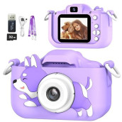 Mgaolo Children'S Camera Toys For 3-12 Years Old Kids Boys Girls,Hd Digital Video Camera With Protective Silicone Cover,Christmas Birthday Gifts With 32Gb Sd Card (Dog Purple)