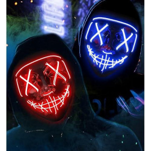 2Pcs-Led Light Up Halloween Mask,Scary Glow Led Face Mask With 3 Lighting Modes & El Wire For Costume&Cosplay Party.Adjustable&Eco-Friendly Material For Men Women Kid-Blue & Red
