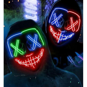 Colplay 2Pcs-Led Light Up Halloween Mask,Scary Glow Led Face Mask With 3 Lighting Modes & El Wire For Costume&Cosplay Party.Adjustable&Eco-Friendly Material For Men Women Kid-Multicolored