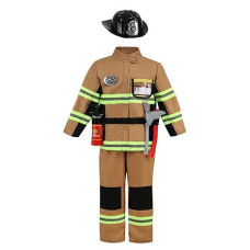 Yolsun Tan Fireman Costume For Kids, Boys' And Girls' Firefighter Dress Up (8 Pcs) 6-7 Years