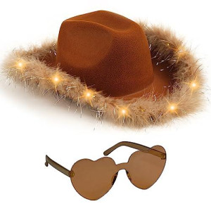 Funcredible Light Up Cowboy Hat And Glasses - Fluffy Cowgirl Hat - Feather Cowboy Hat For Women - Cowgirl Costume Accessories (Brown)