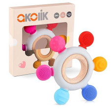 Akolik Baby Teething Toys For Babies 0-6 6-12 Months Rudder Teether Bpa Free With Wooden Ring Silicone Chewable Teether Help With Teething Pain Relief