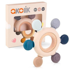 Akolik Baby Teething Toys For Babies 0-6 6-12 Months Rudder Teether Bpa Free With Wooden Ring Silicone Chewable Teether Help With Teething Pain Relief (Helm A)