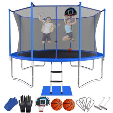 5Ft 10Ft 12Ft 14Ft 15Ft 16 Ft Recreational Trampoline For Kids And Adults With Basketball Hoop - Acwarm Home Outdoor Back Yard Trampoline With Safety Enclosure Net, Heavy Duty Stakes And Ladder