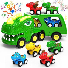 Toddler Car Toys For 1 2 3 4 Year Old Boy Kids Toys 5-In-1 Dinosaur Transport Carrier Trucks Toys For Boys 1-3 With Sounds & Lights Toddler Toys For Boys Age 1-2 2-4 Dinosaur Toys For Kids 3-5 4-6