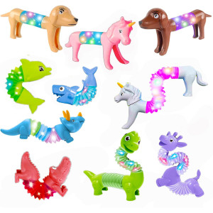 Pop Tubes Animal Fidget Toys With Led Light,10 Pack Sensory Tubes For Toddlers,Cute Animal Sensory Fidget Toys For Girls And Boys,Stress Relief,Adhd Toys,Sensory Toys Gift For Kids