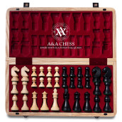 A&A 15 Inch Wooden Folding Chess & Checkers Set W/ 3 Inch King Height Staunton Chess Pieces / 2 Extra Queens - European Ash Box W/Walnut & Maple Inlay