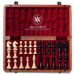 A&A 15 Inch Wooden Folding Chess Set W/ 3 Inch King Height Staunton Chess Pieces / 2 Extra Queens - Natural Mahogany Wood W/Storage Bag
