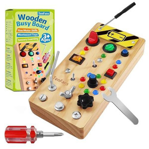 Tenfans Wooden Montessori Busy Board With Led Light Switch And Screwdriver Tools - Sensory Toy For Toddlers 3+ Year Old Boys - Travel Activity And Educational Learning Toy Improves Fine Motor Skills