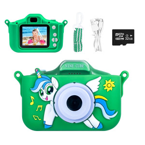 Kids Digital Camera,Nine Cube Toddler Camera For 3 4 5 6 7 Year Old Girls Boys,Green Toys Camera For Toddler With Unicorn Soft Silicone Cover,Best Birthday Gifts Children Camera For Kids(32Gb Card)