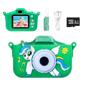 Kids Digital Camera,Nine Cube Toddler Camera For 3 4 5 6 7 Year Old Girls Boys,Green Toys Camera For Toddler With Unicorn Soft Silicone Cover,Best Birthday Gifts Children Camera For Kids(32Gb Card)
