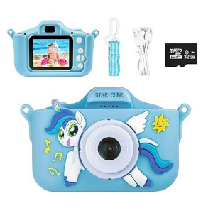 Nine Cube Kids Camera For 3 4 5 6 7 Year Old,Children Digital Camera With Unicorn Soft Silicone Cover, Best Christmas Birthday Gift For Kids,Blue Toddler Camera For Boys Girls With 32Gb Card