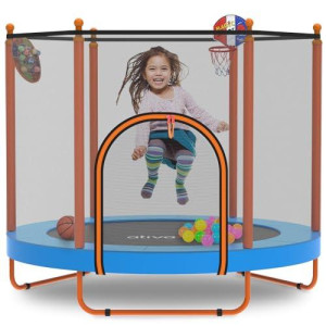 Ativafit 60'' Rebounder Trampoline For Kids Ages 1-8, 5 Ft Recreational Toddler Trampoline With Enclosure Net With Basketball Hoop Dartboard Ocean Ball For Fun Indoor Outdoor